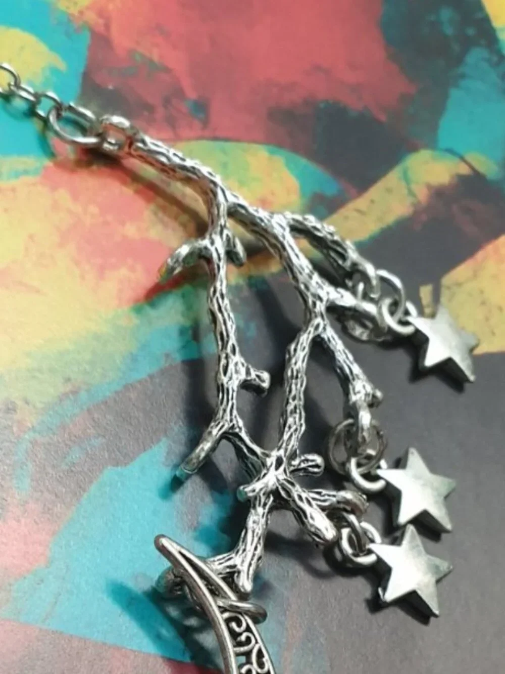 Crescent Stars Silver Metal Necklace Pendant Gothic Halloween Women Jewelry Gift